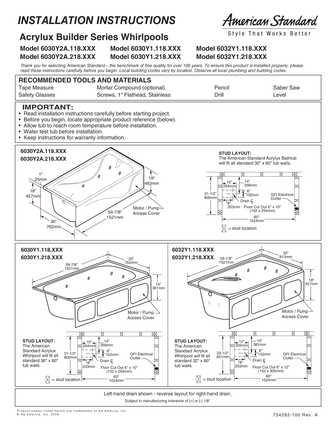 American Standard 6030Y1.218.XXX, 6030Y1.118.XXX, 6032Y1.218.XXX installation instructions Recommended Tools and Materials 