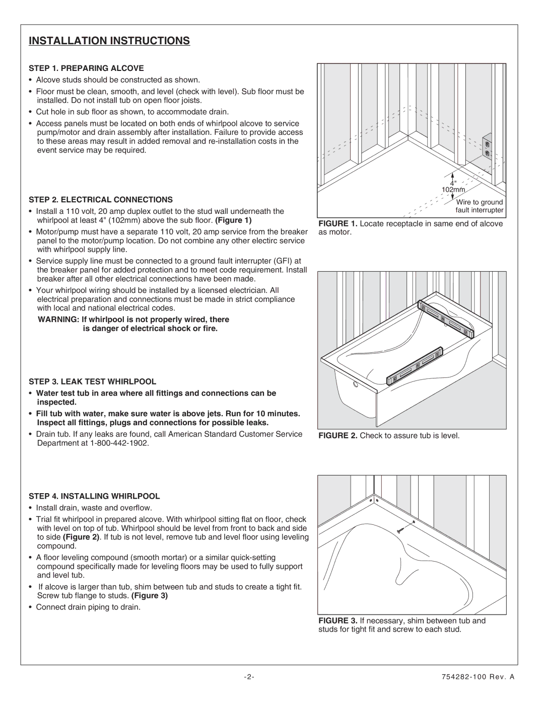 American Standard 6032Y1.218.XXX Installation Instructions, Preparing Alcove, Electrical Connections, Leak Test Whirlpool 