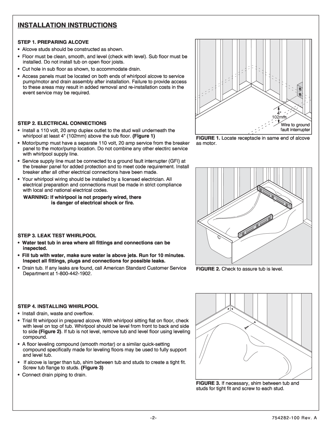American Standard 6032Y1.218.XXX Installation Instructions, Preparing Alcove, Electrical Connections, Leak Test Whirlpool 
