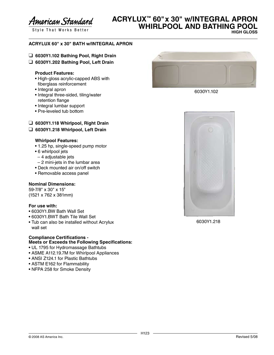 American Standard 6030Y1.102, 6030Y1.202 manual Acrylux 60 x 30 w/INTEGRAL Apron Whirlpool and Bathing Pool 