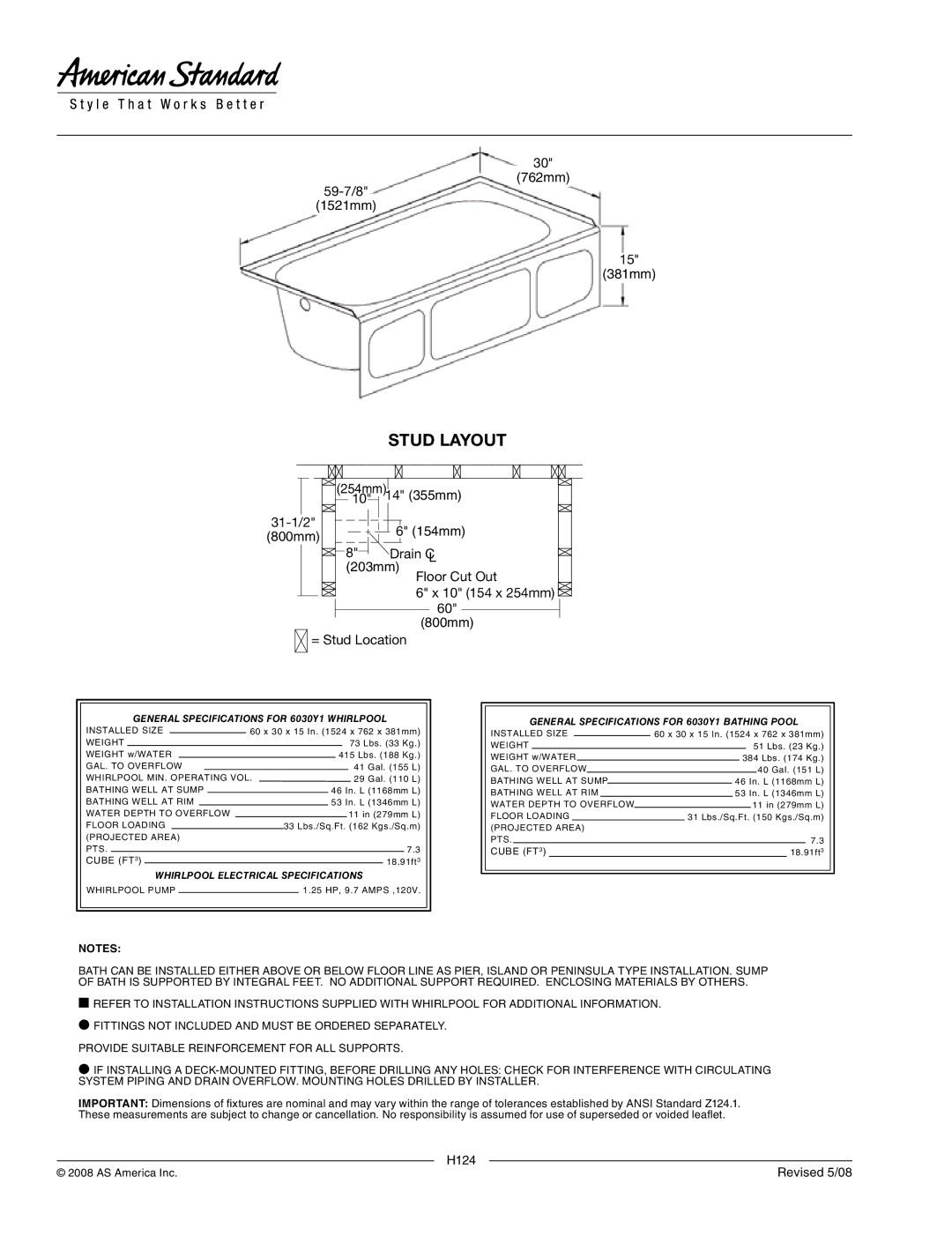 American Standard 6030Y1.202 Stud Layout, General Specifications for 6030Y1 Whirlpool, Whirlpool Electrical Specifications 