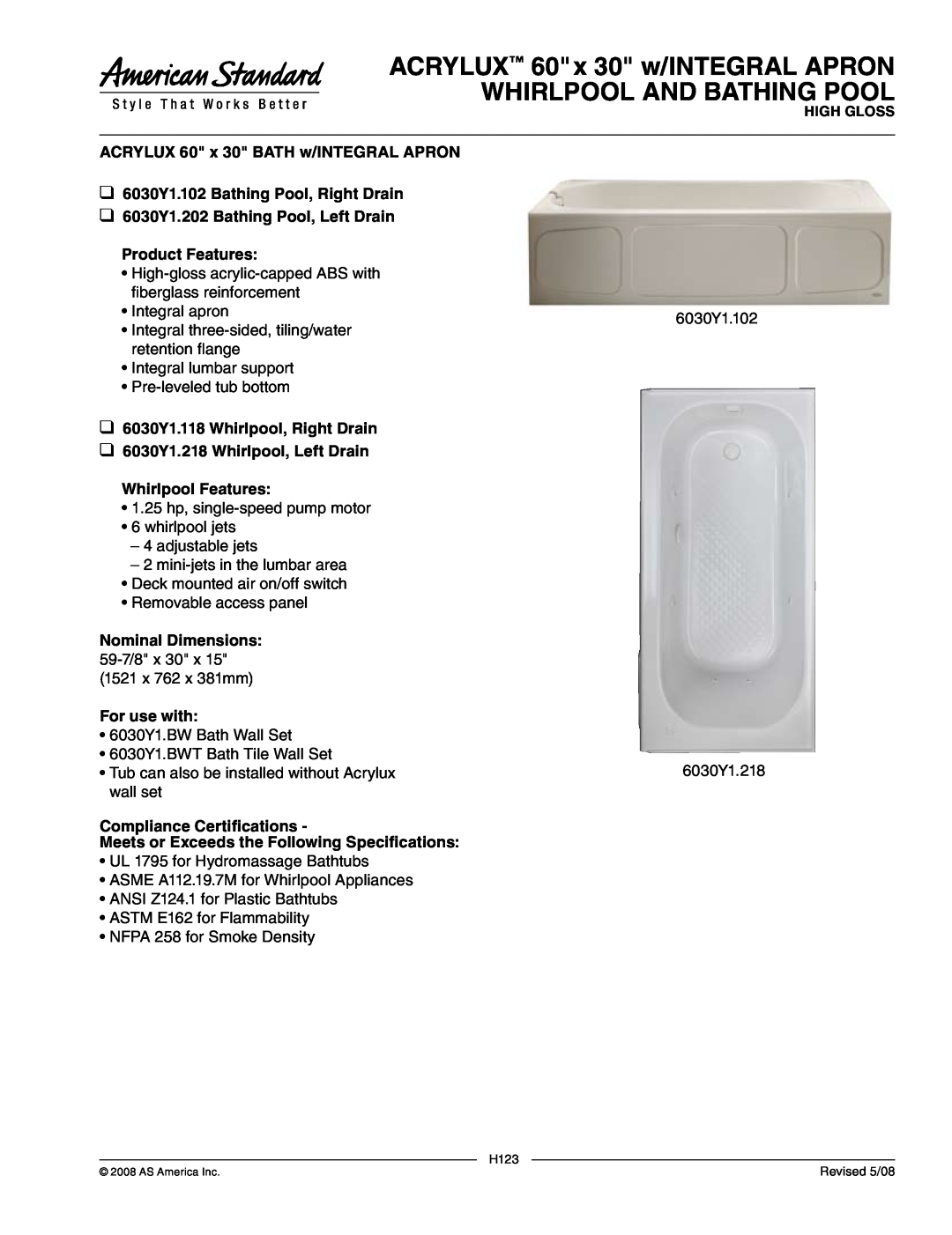 American Standard 6030Y1.102, 6030Y1.202 manual ACRYLUX 60 x 30 w/INTEGRAL APRON WHIRLPOOL AND BATHING POOL 