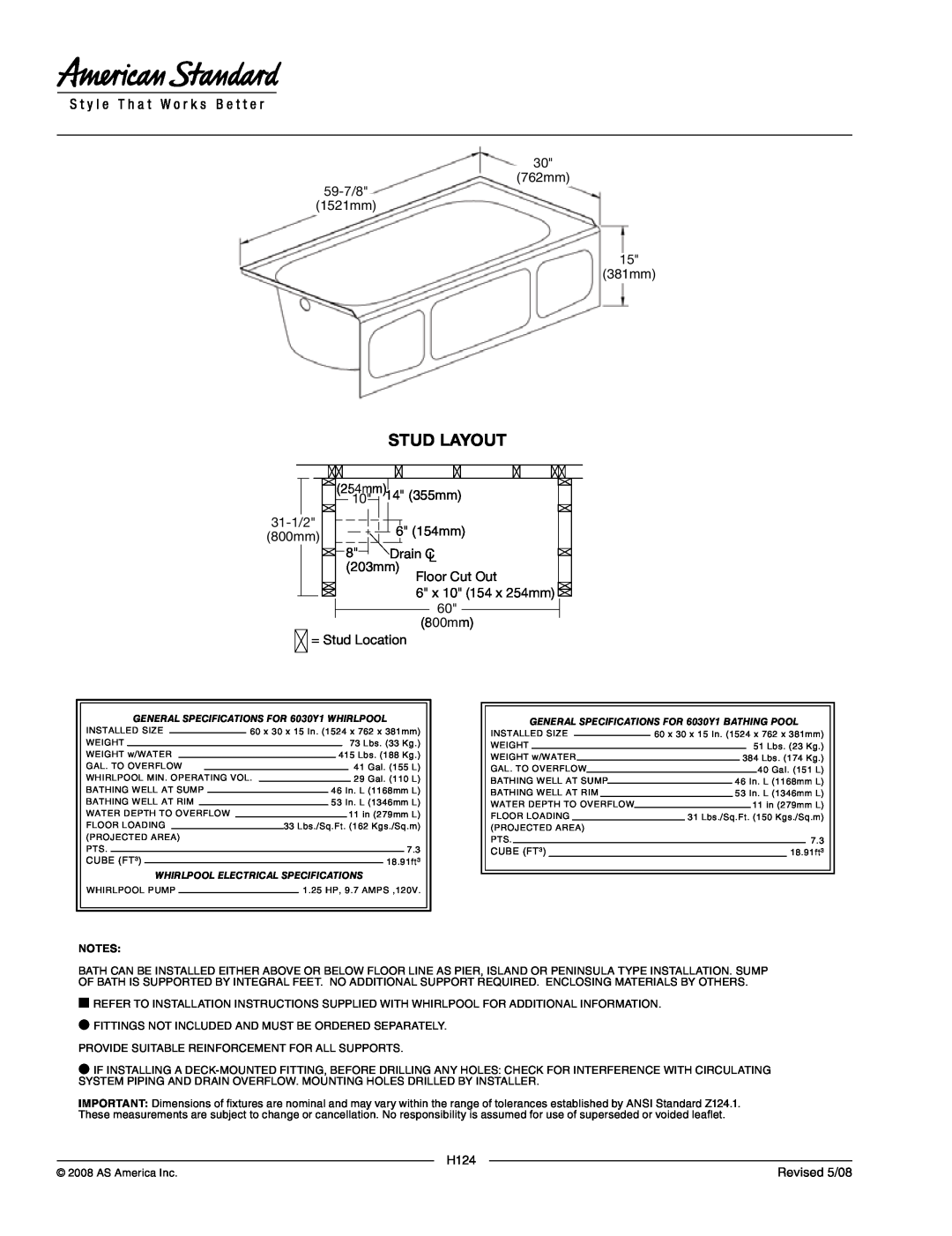 American Standard 6030Y1.202 Stud Layout, GENERAL SPECIFICATIONS FOR 6030Y1 WHIRLPOOL, Whirlpool Electrical Specifications 