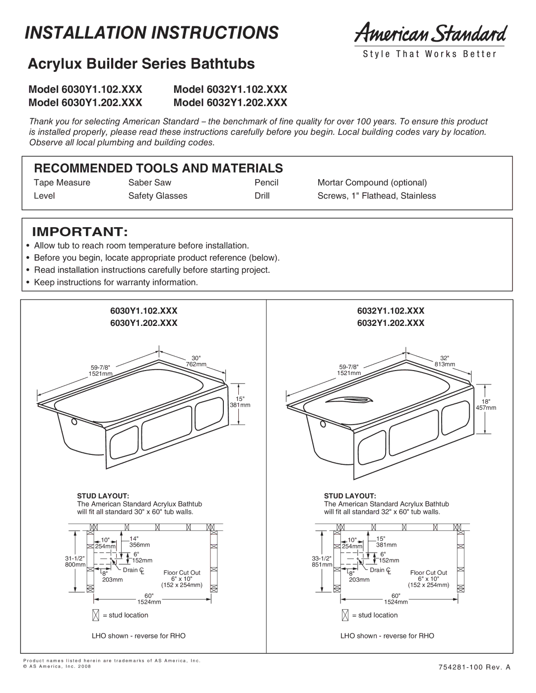 American Standard 6030Y1.102.XXX installation instructions Installation Instructions, Recommended Tools and Materials 