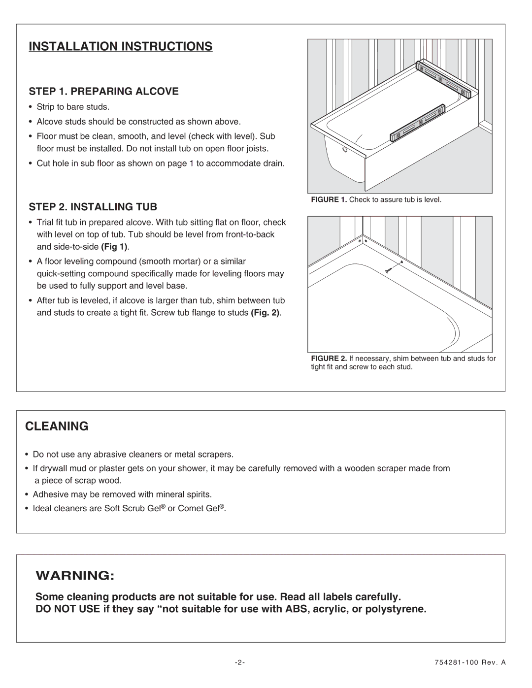 American Standard 6032Y1.102.XXX, 6030Y1.202.XXX Installation Instructions, Cleaning, Preparing Alcove, Installing TUB 