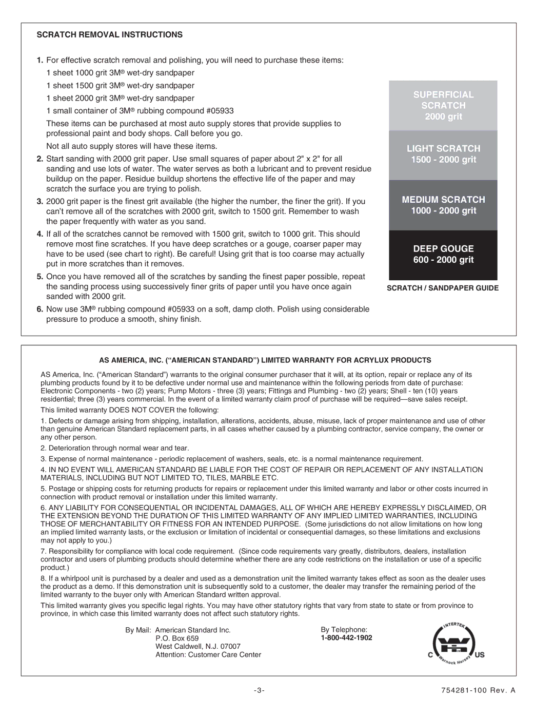 American Standard 6032Y1.202.XXX, 6030Y1.202.XXX, 6030Y1.102.XXX, 6032Y1.102.XXX installation instructions Superficial Scratch 