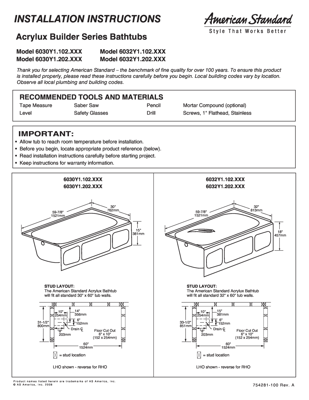 American Standard installation instructions Recommended Tools And Materials, Model 6030Y1.102.XXX, Model 6032Y1.102.XXX 