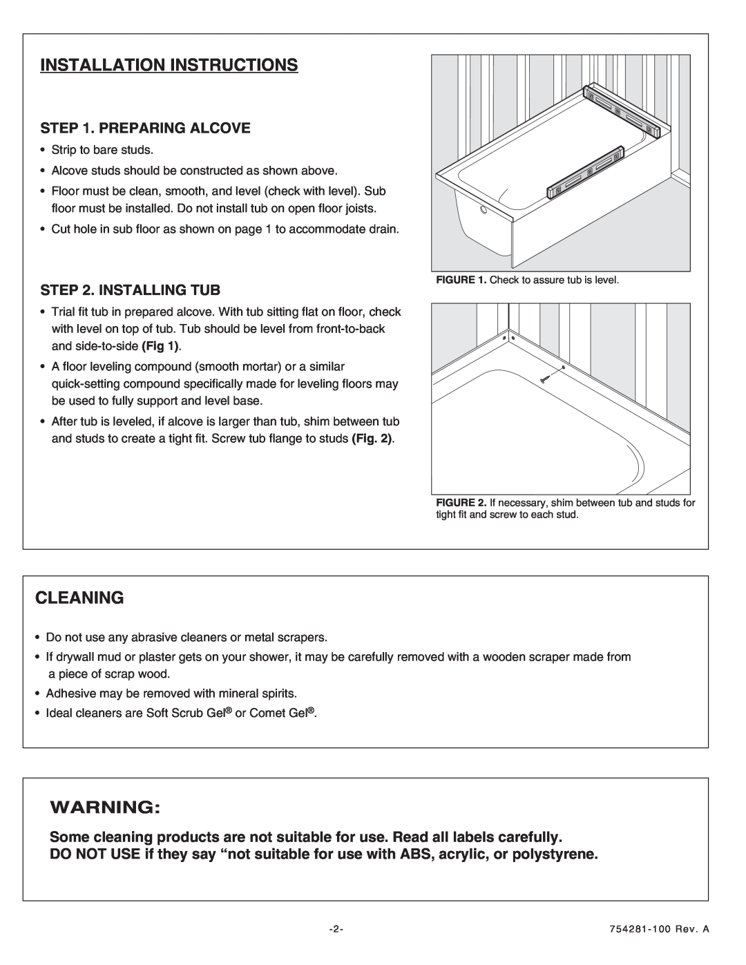 American Standard 6032Y1.102.XXX, 6030Y1.202.XXX Installation Instructions, Cleaning, Preparing Alcove, Installing Tub 