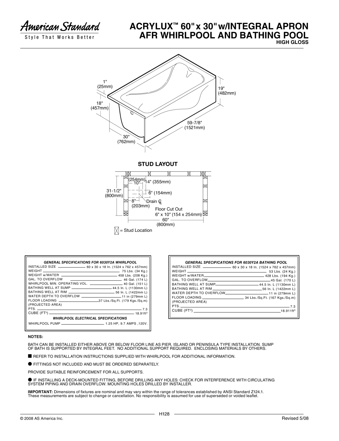 American Standard 6030Y2A.102, 6030Y2A.202 dimensions Stud Layout, General Specifications for 6030Y2A Bathing Pool 