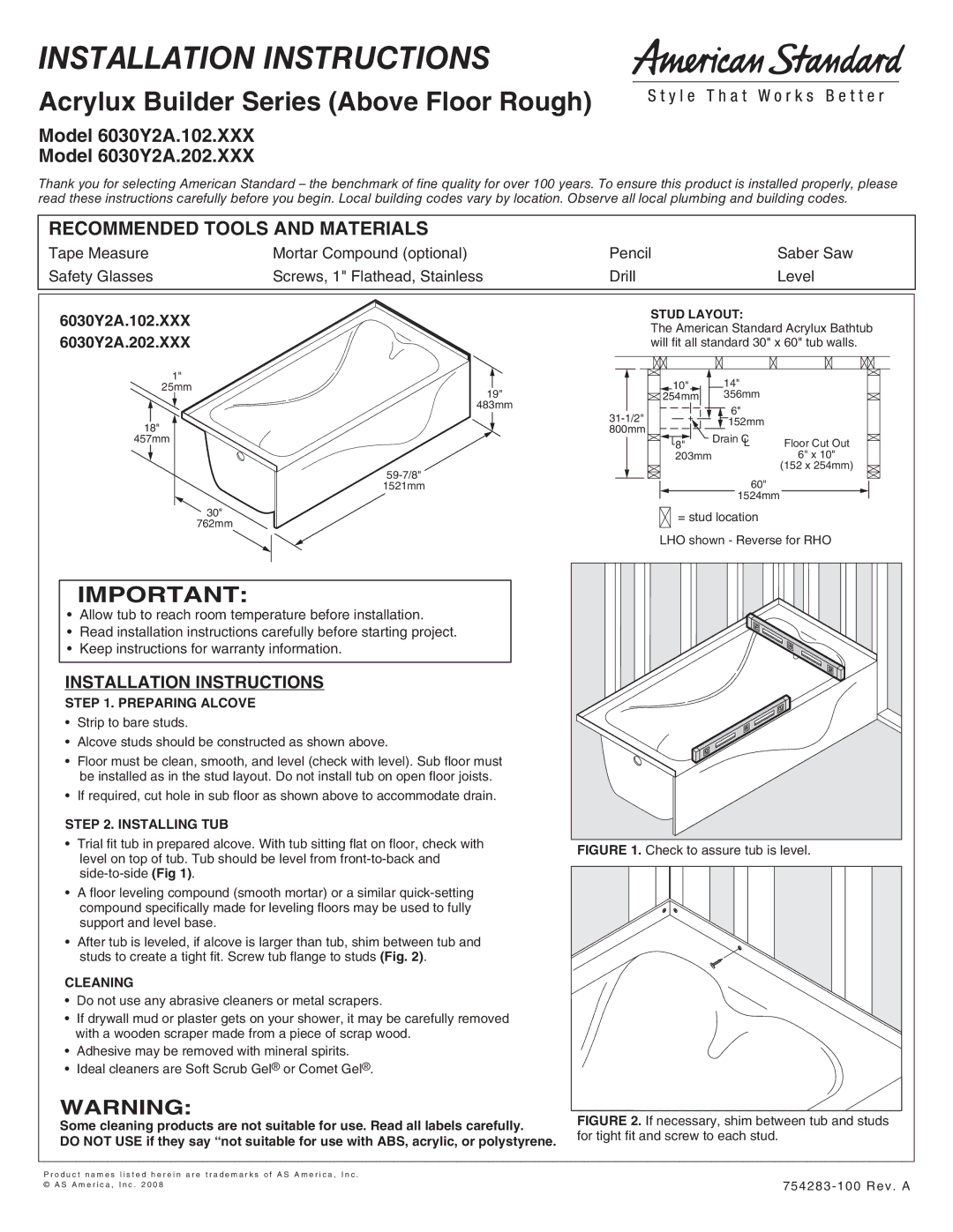 American Standard 6030Y2A.202.XXX installation instructions Stud Layout, Preparing Alcove, Installing TUB, Cleaning 