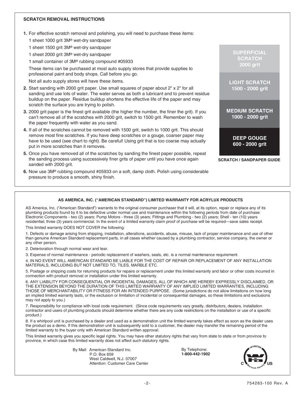 American Standard 6030Y2A.102.XXX, 6030Y2A.202.XXX installation instructions Superficial Scratch 