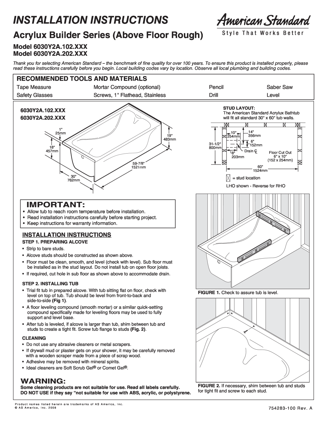 American Standard 6030Y2A.202.XXX installation instructions Installation Instructions, Recommended Tools And Materials 