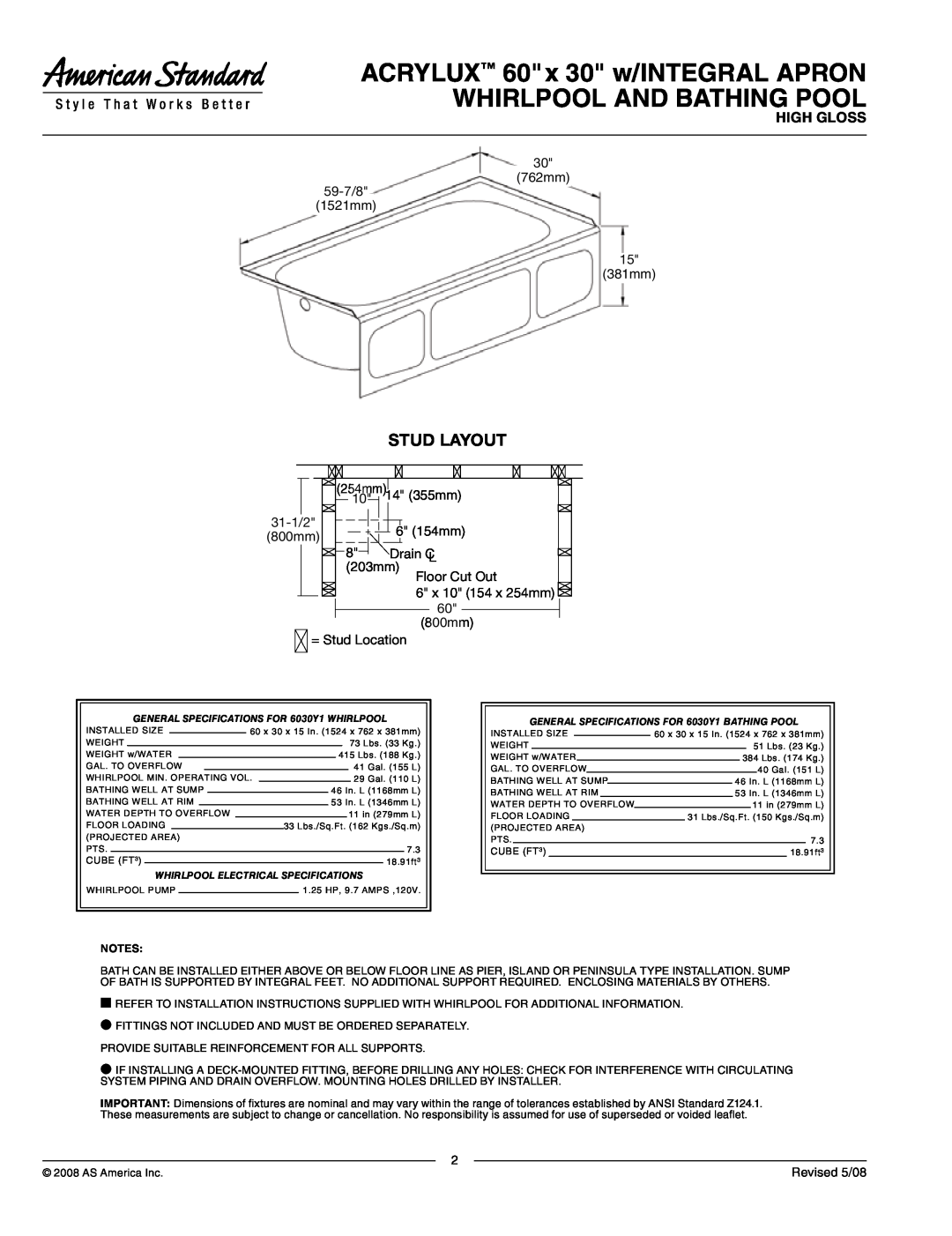 American Standard 6030Y.BWT manual ACRYLUX 60 x 30 w/INTEGRAL APRON, Whirlpool And Bathing Pool, Stud Layout, High Gloss 