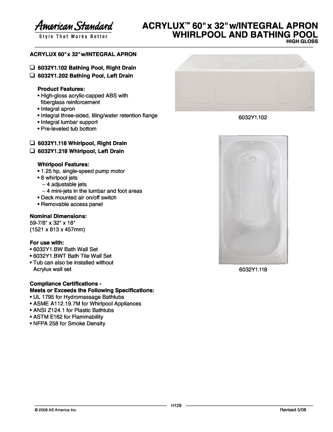 American Standard 6032Y1.102, 6032Y1.202 dimensions ACRYLUX 60 x 32 w/INTEGRAL APRON WHIRLPOOL AND BATHING POOL 