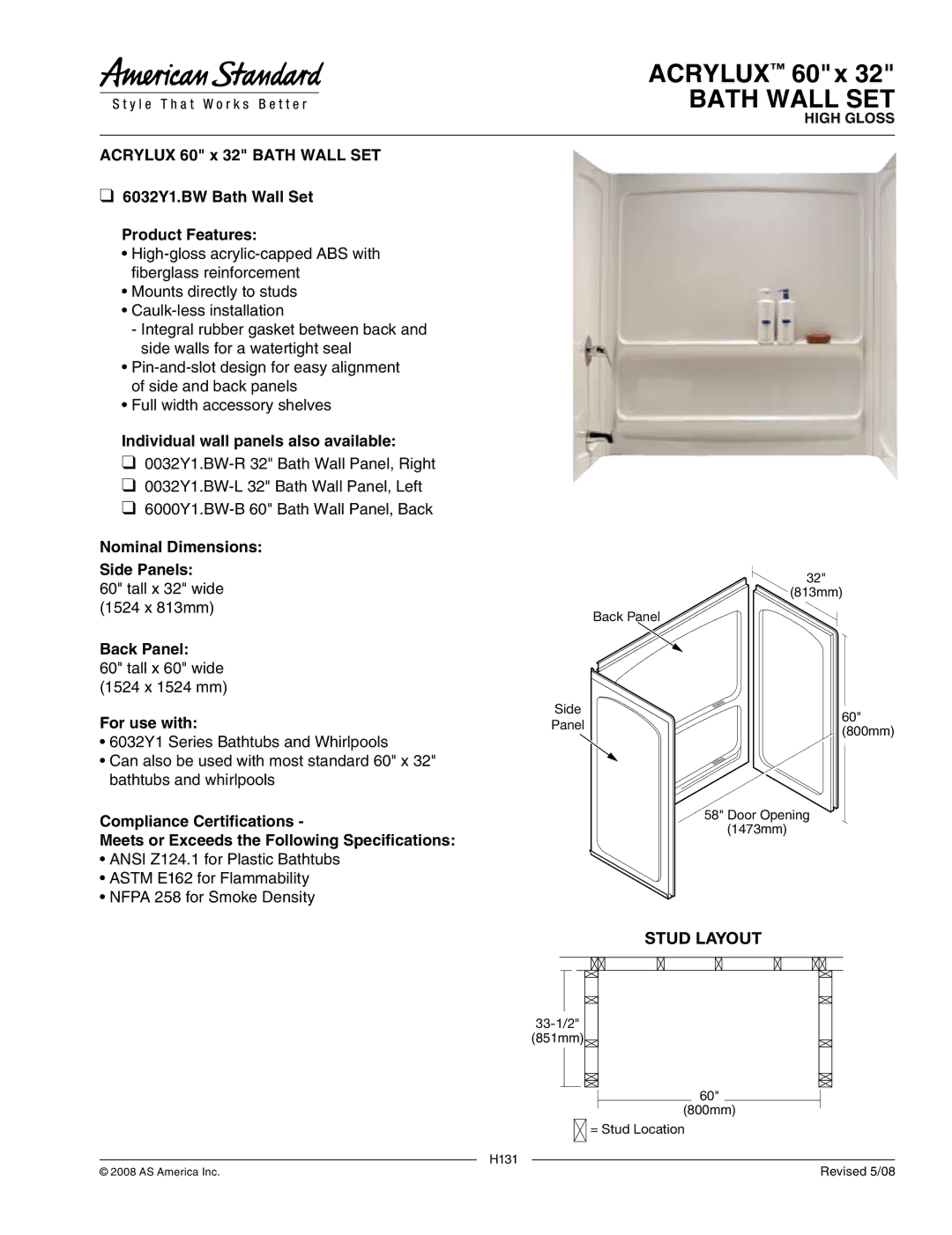 American Standard 6032Y1.BW dimensions Bath Wall SET, Individual wall panels also available, For use with 