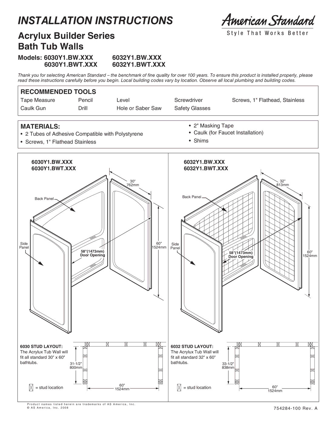 American Standard 6032Y1.BW.XXX, 6032Y1.BWT.XXX, 6030Y1.BW.XXX installation instructions Recommended Tools, Materials 