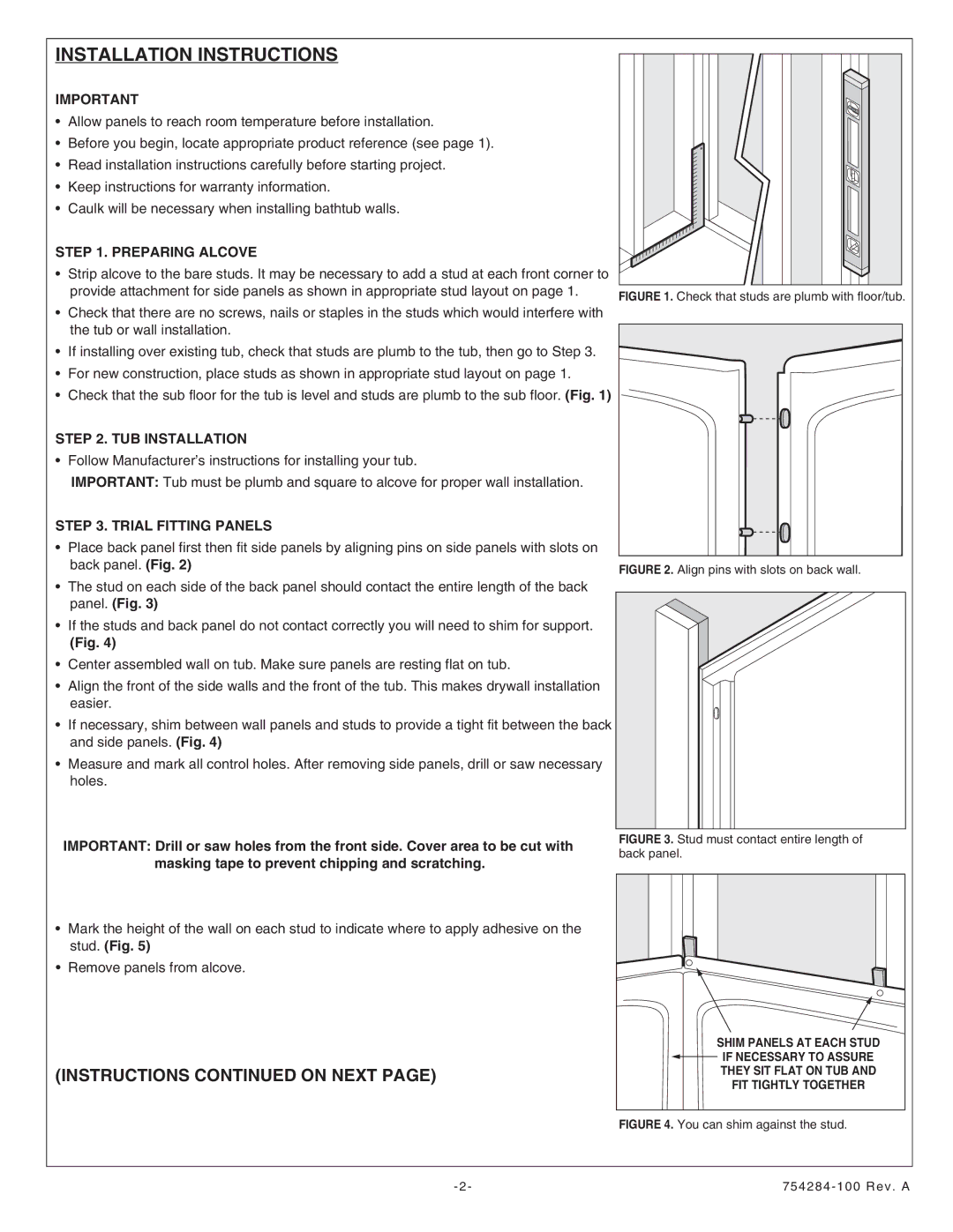 American Standard 6030Y1.BW.XXX Installation Instructions, Preparing Alcove, TUB Installation, Trial Fitting Panels 