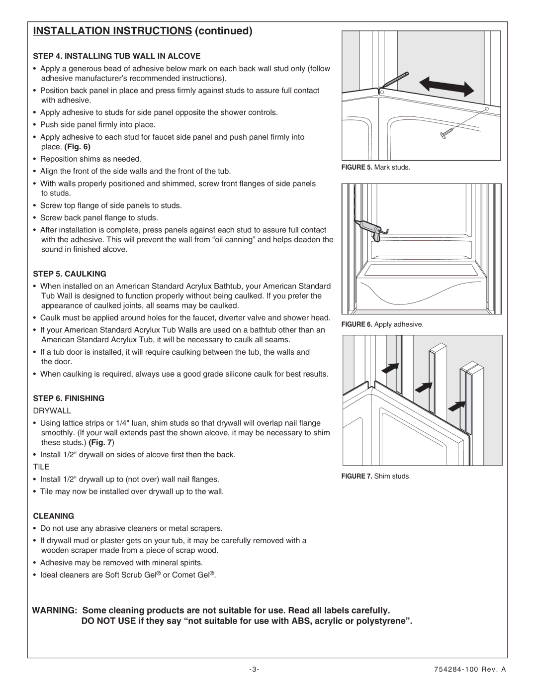 American Standard 6030Y1.BWT.XXX, 6032Y1.BWT.XXX Installing TUB Wall in Alcove, Caulking, Finishing, Cleaning 