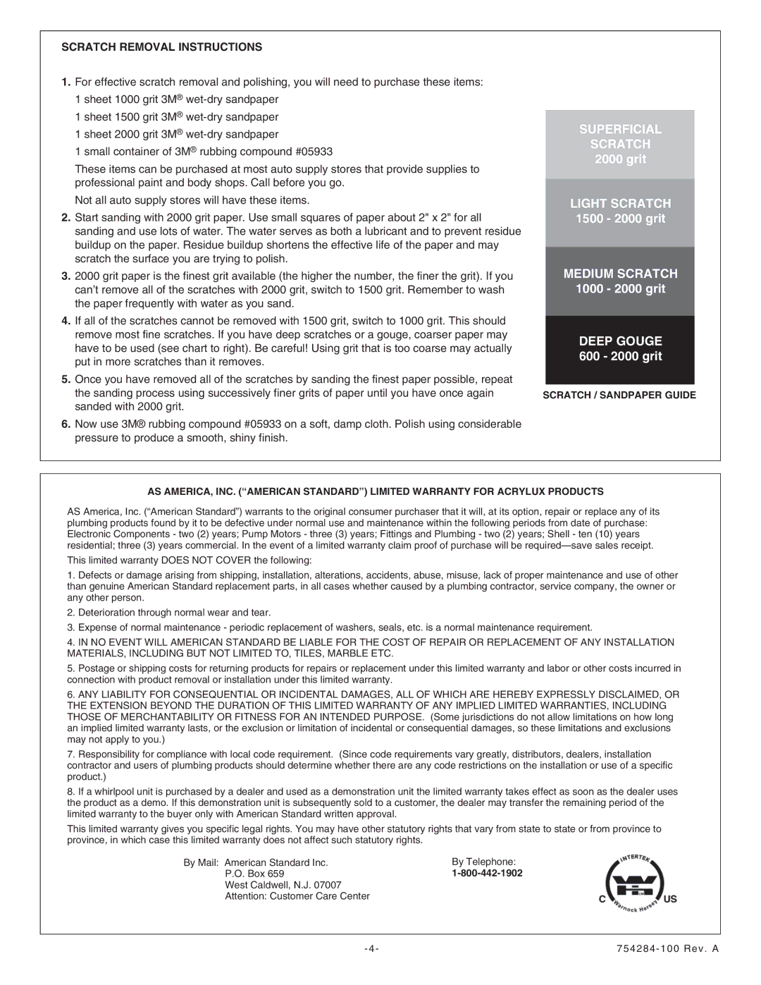 American Standard 6032Y1.BWT.XXX, 6032Y1.BW.XXX, 6030Y1.BW.XXX, 6030Y1.BWT.XXX Medium Scratch, Scratch Removal Instructions 