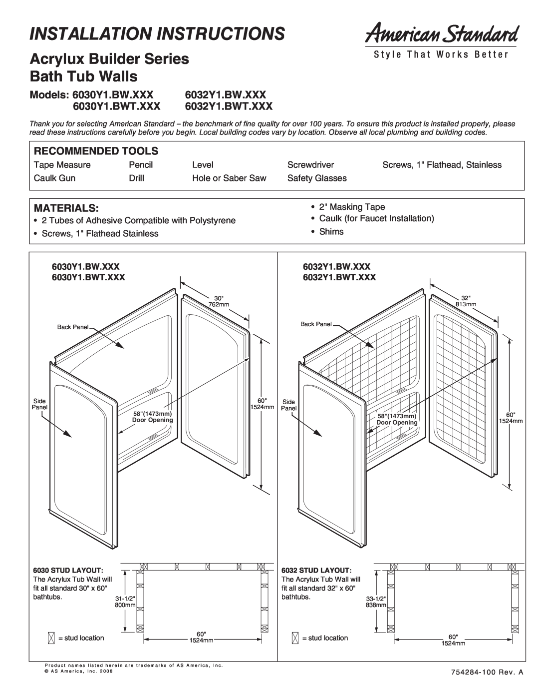 American Standard 6032Y1.BW.XXX installation instructions Models 6030Y1.BW.XXX, 6030Y1.BWT.XXX, 6032Y1.BWT.XXX, Materials 
