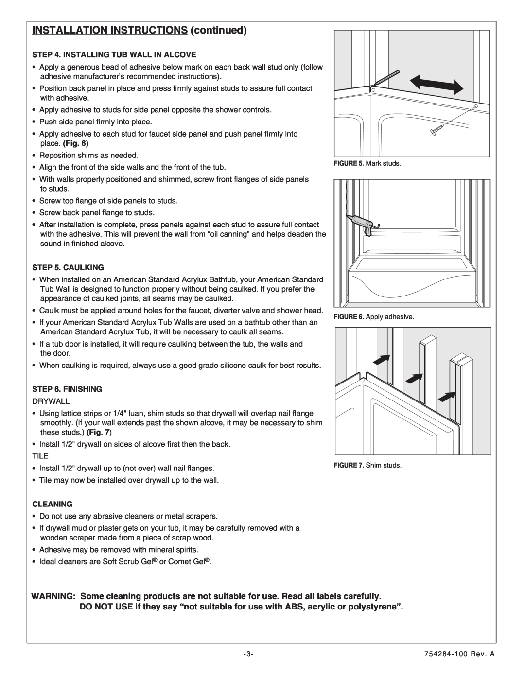 American Standard 6030Y1.BWT.XXX INSTALLATION INSTRUCTIONScontinued, Installing Tub Wall In Alcove, place. Fig, Caulking 
