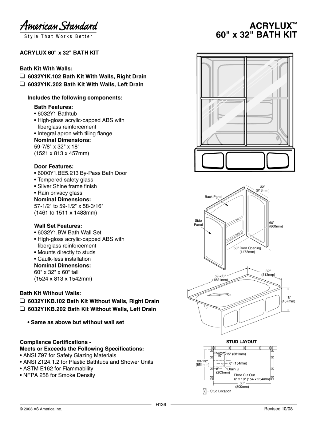 American Standard 6032Y1K.102 dimensions Acrylux 60 x 32 Bath KIT, Nominal Dimensions, Wall Set Features, H136 