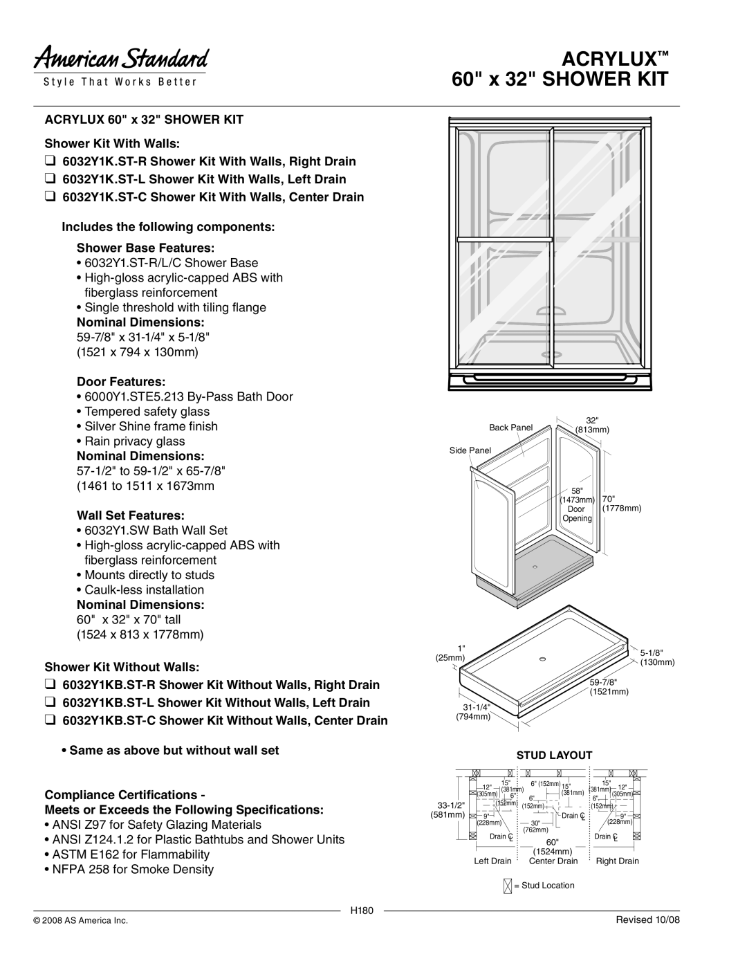 American Standard 6032Y1K.ST-L dimensions Acrylux 60 x 32 Shower KIT, Nominal Dimensions, Wall Set Features, Stud Layout 