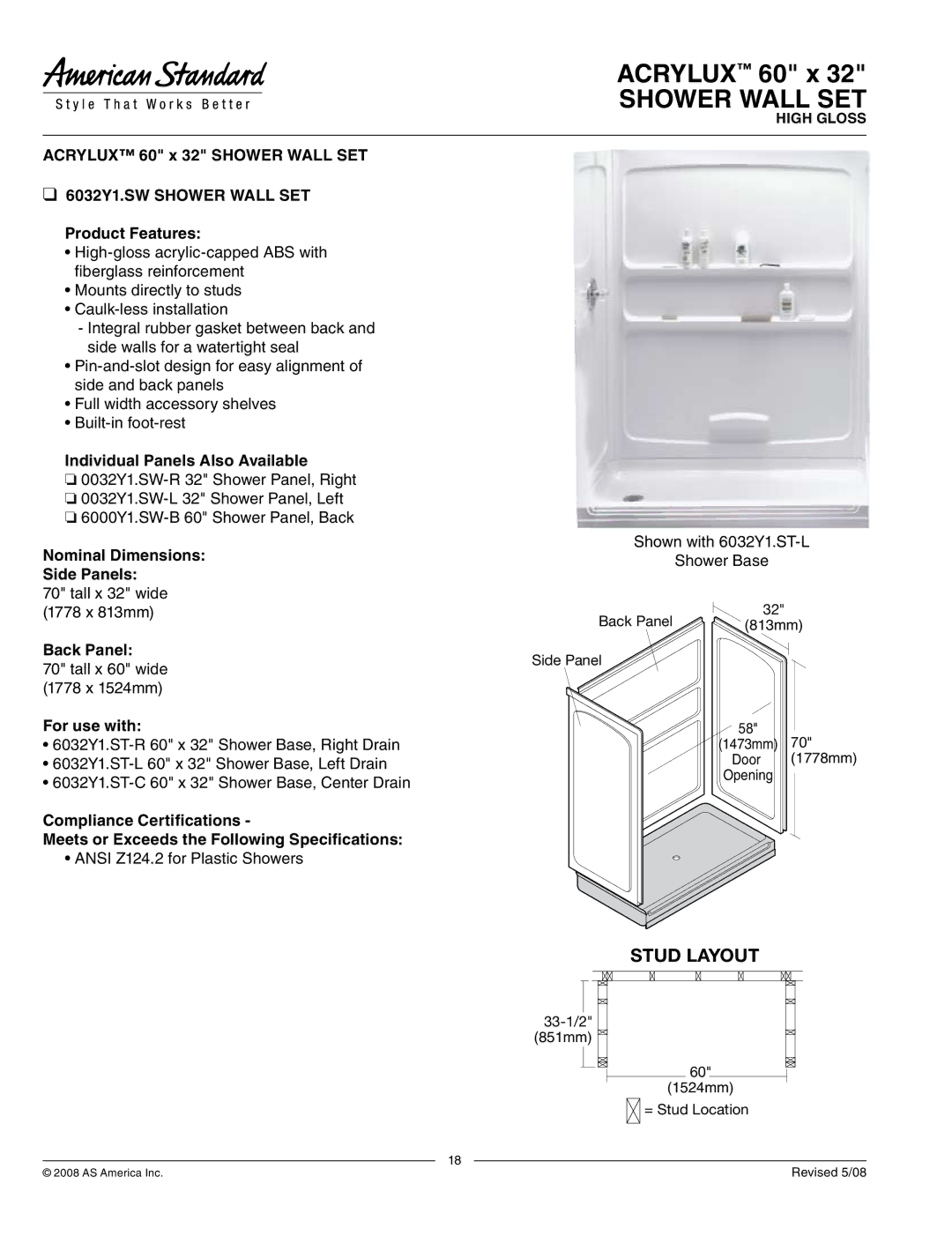 American Standard 6032Y1.SW manual Shower Wall SET, Individual Panels Also Available, Nominal Dimensions Side Panels 