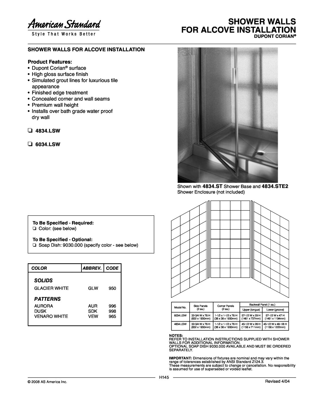 American Standard 4834.LSW installation instructions Shower Walls For Alcove Installation, Product Features, LSW 6034.LSW 