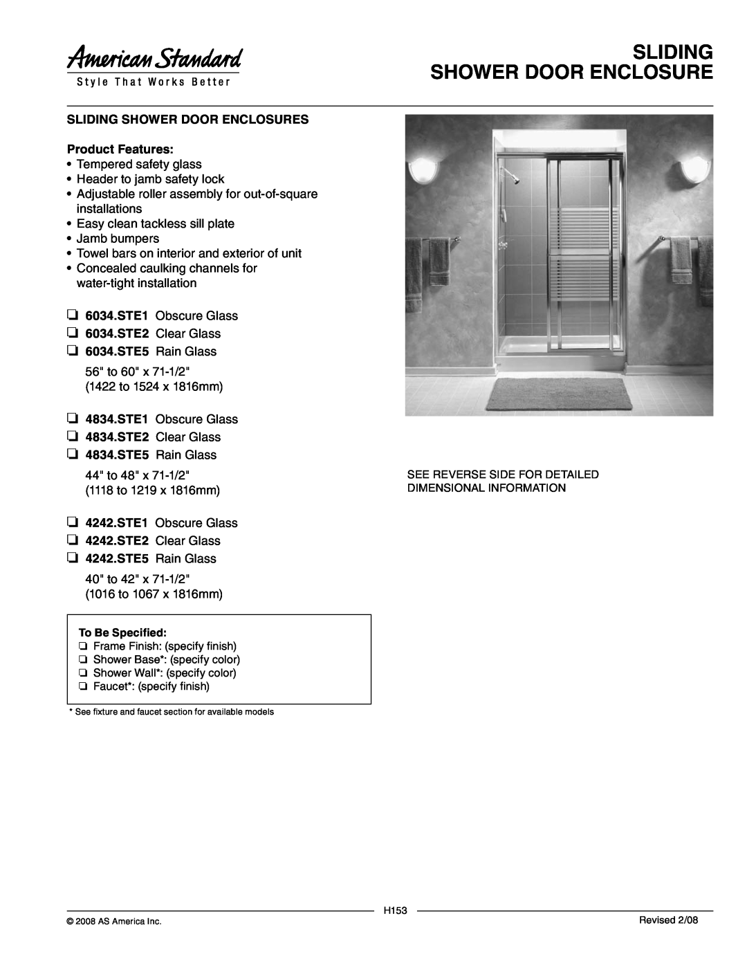 American Standard 6034.STE2 manual Sliding Shower Door Enclosure, SLIDING SHOWER DOOR ENCLOSURES Product Features 