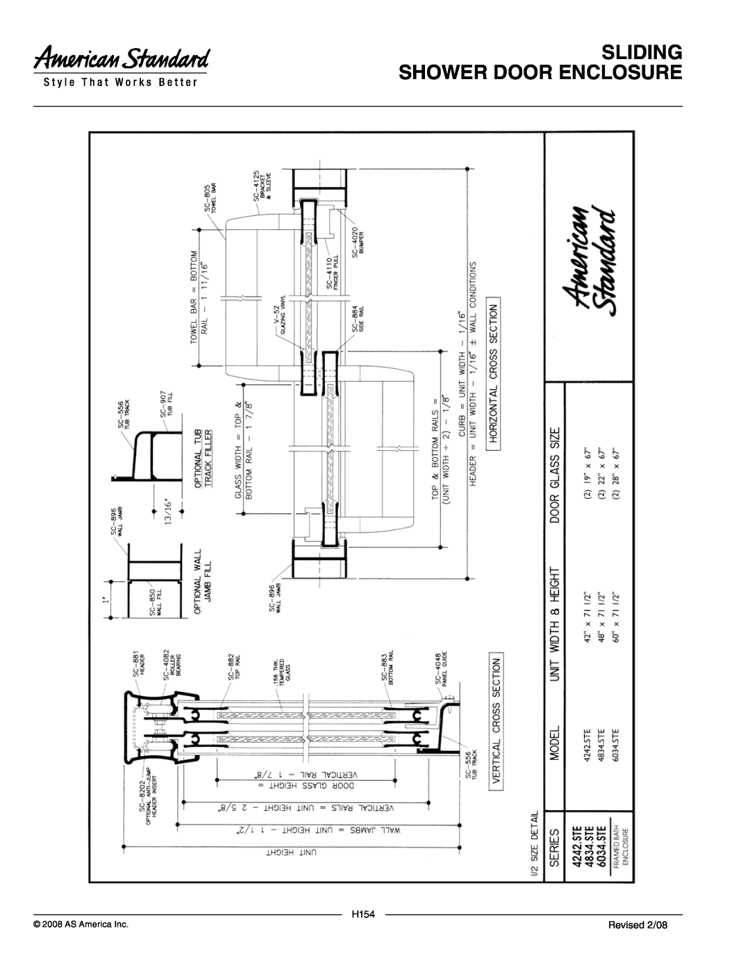 American Standard 4834.STE2, 6034.STE5, 6034.STE2 manual Sliding Shower Door Enclosure, H154, Revised 2/08, AS America Inc 