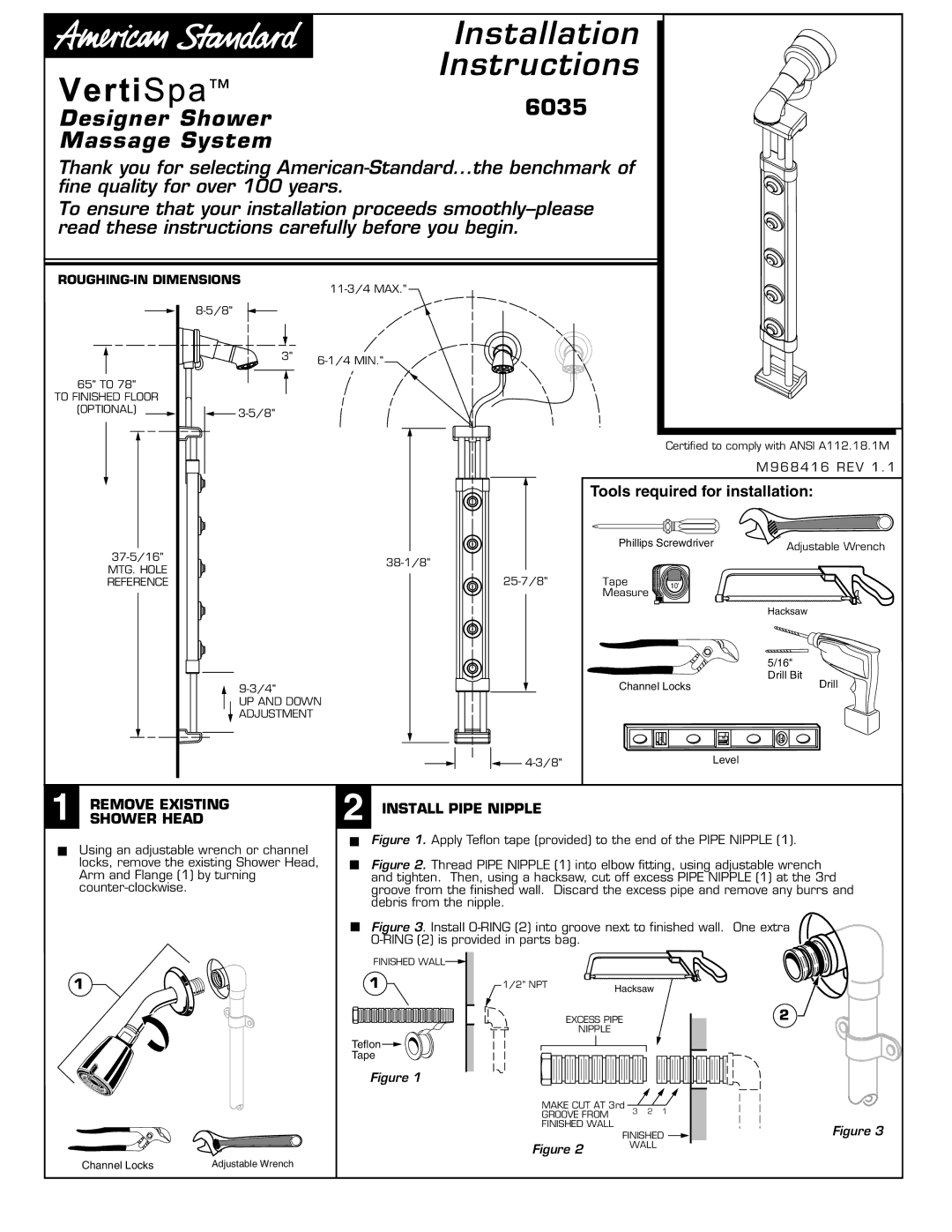 American Standard installation instructions Designer Shower 6035 Massage System, ROUGHING-IN Dimensions 