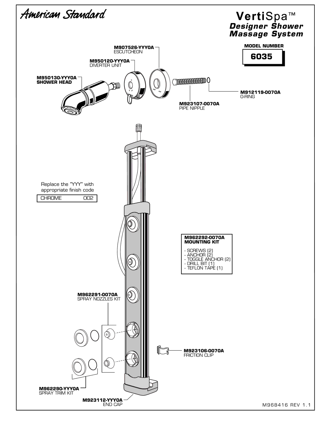 American Standard 6035 installation instructions Designer Shower Massage System, Shower Head, Model Number, Mounting KIT 