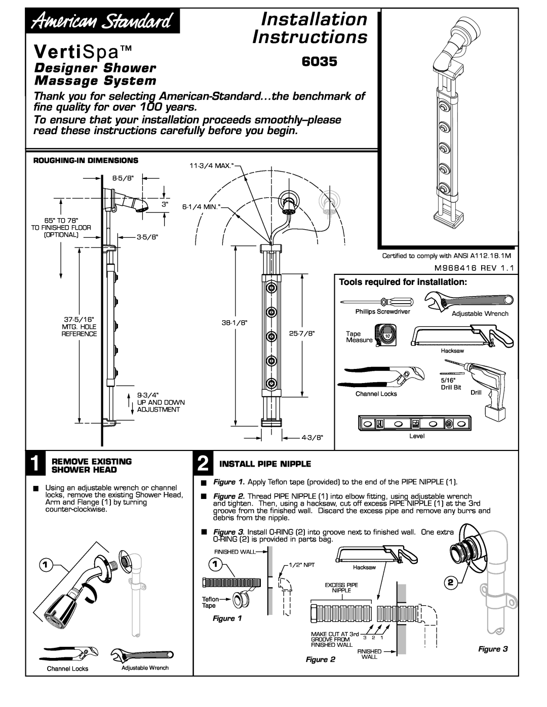 American Standard 6035 installation instructions Designer Shower, Massage System, Installation Instructions 