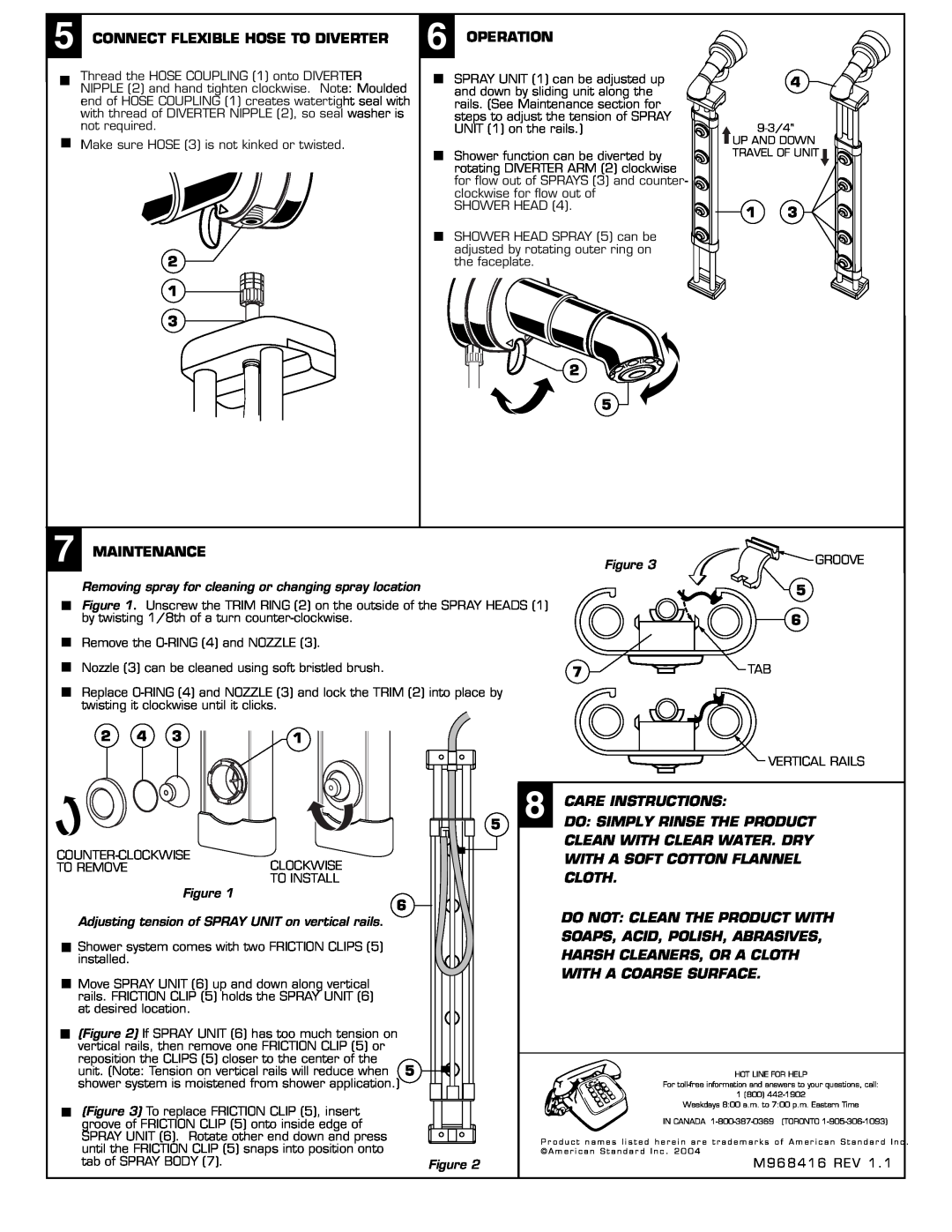 American Standard 6035 Connect Flexible Hose To Diverter, Operation, Maintenance, Care Instructions 