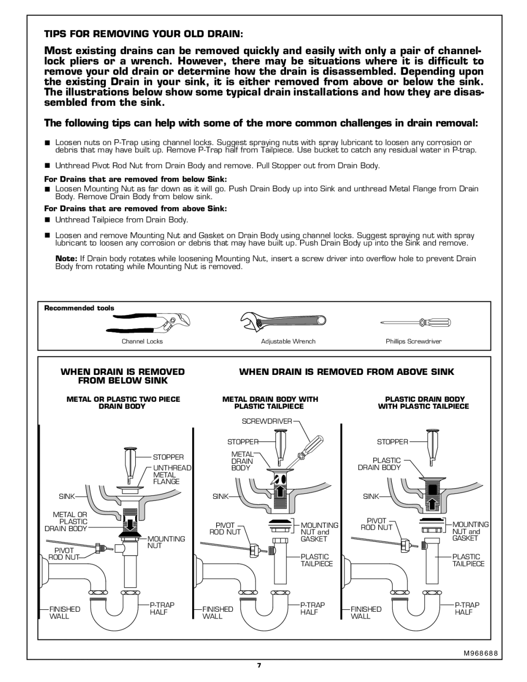 American Standard 6044.XXX For Drains that are removed from below Sink, For Drains that are removed from above Sink 