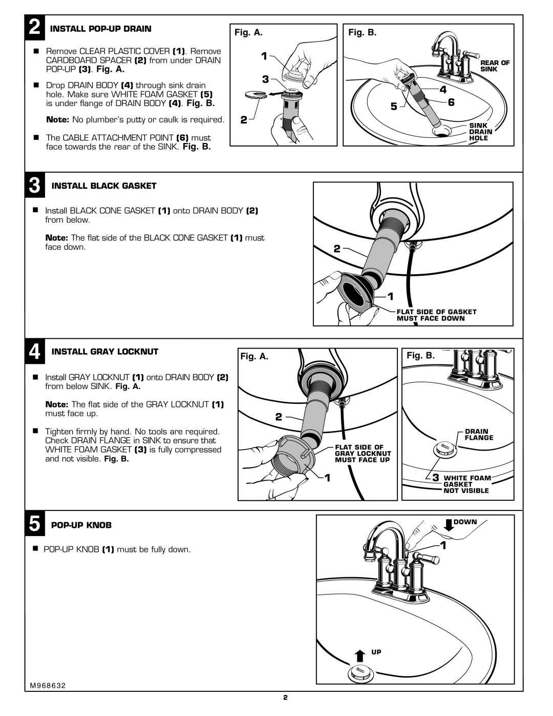 American Standard 6054.XXX Install POP-UP Drain, Install Black Gasket, Install Gray Locknut, POP-UP Knob 