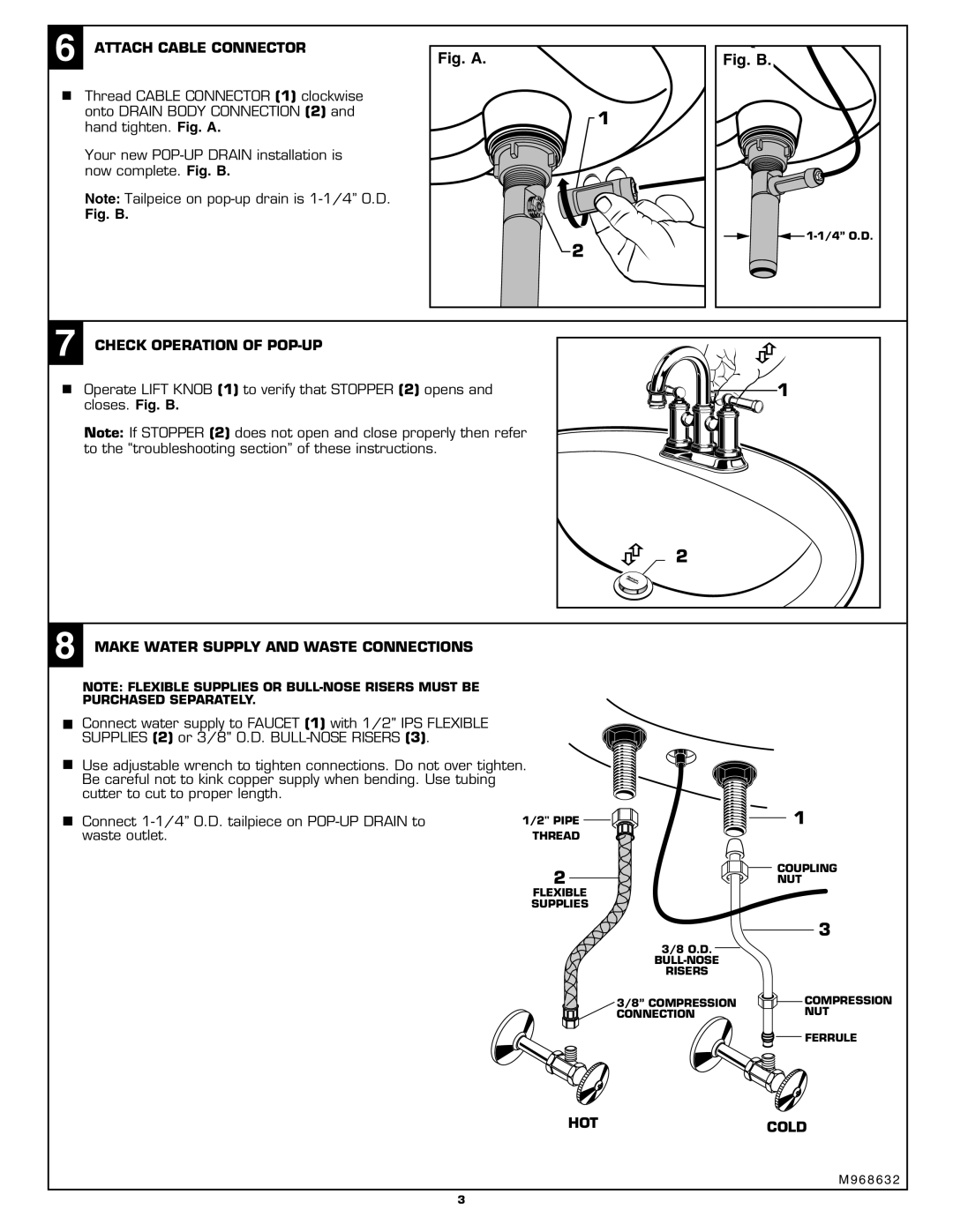 American Standard 6054.XXX Attach Cable Connector, Check Operation of POP-UP, Make Water Supply and Waste Connections 