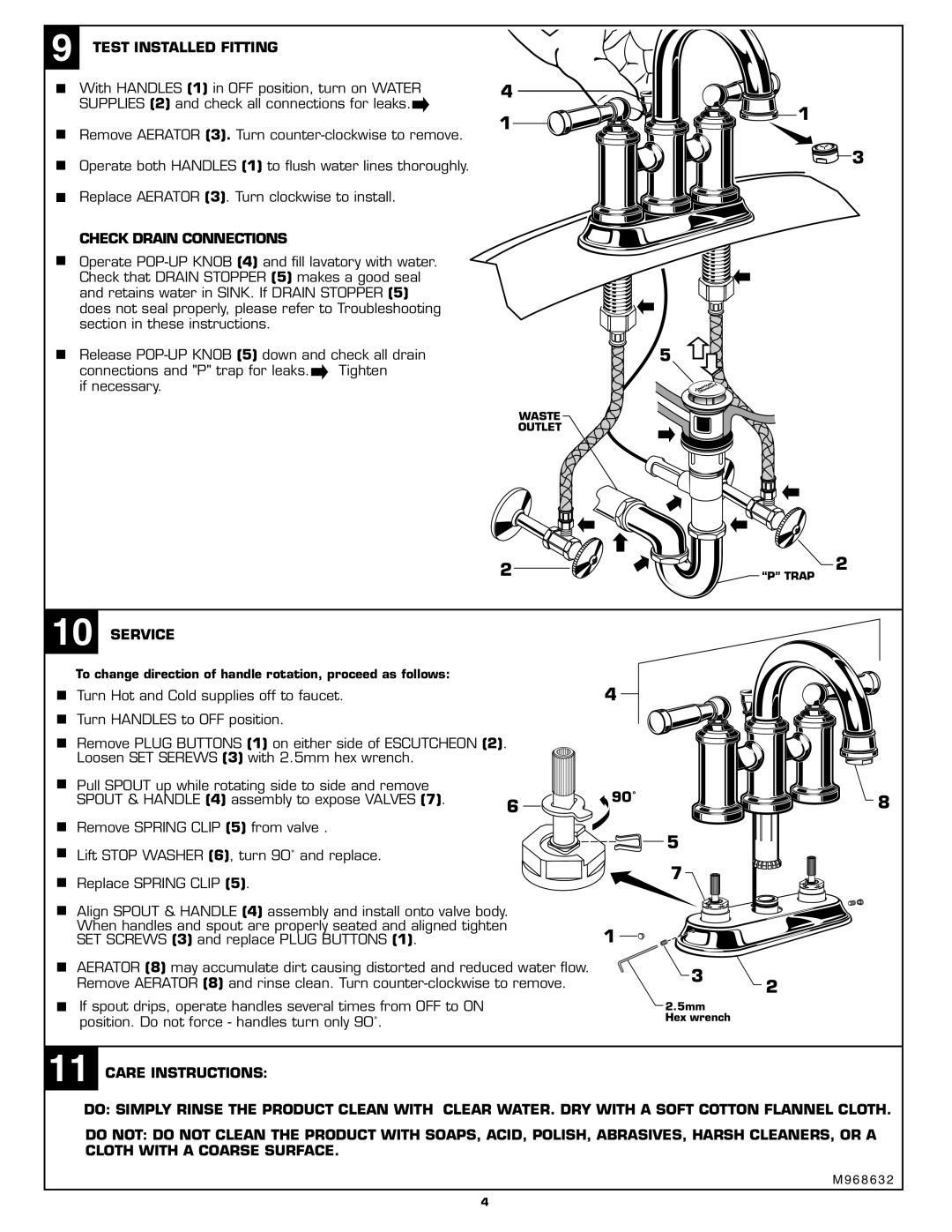 American Standard 6054.XXX installation instructions Test Installed Fitting, Check Drain Connections, Service, 90˚ 