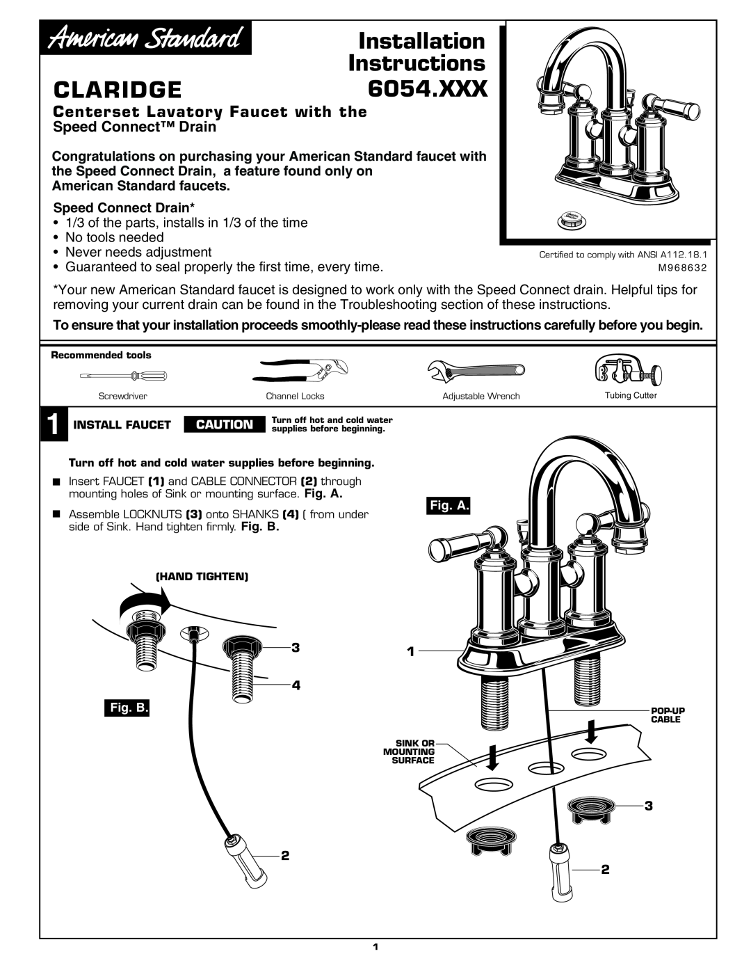 American Standard 6054.XXX installation instructions Installation, Instructions, Claridge, Fig. A, Fig. B, Install Faucet 