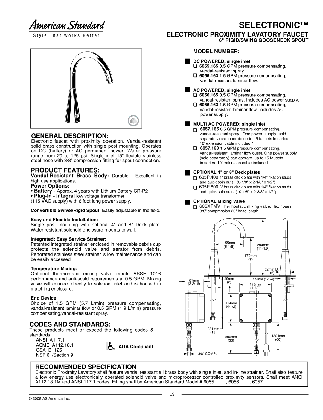 American Standard 6056.163, 6056.165 manual Electronic Proximity Lavatory Faucet, General Description, Product Features 