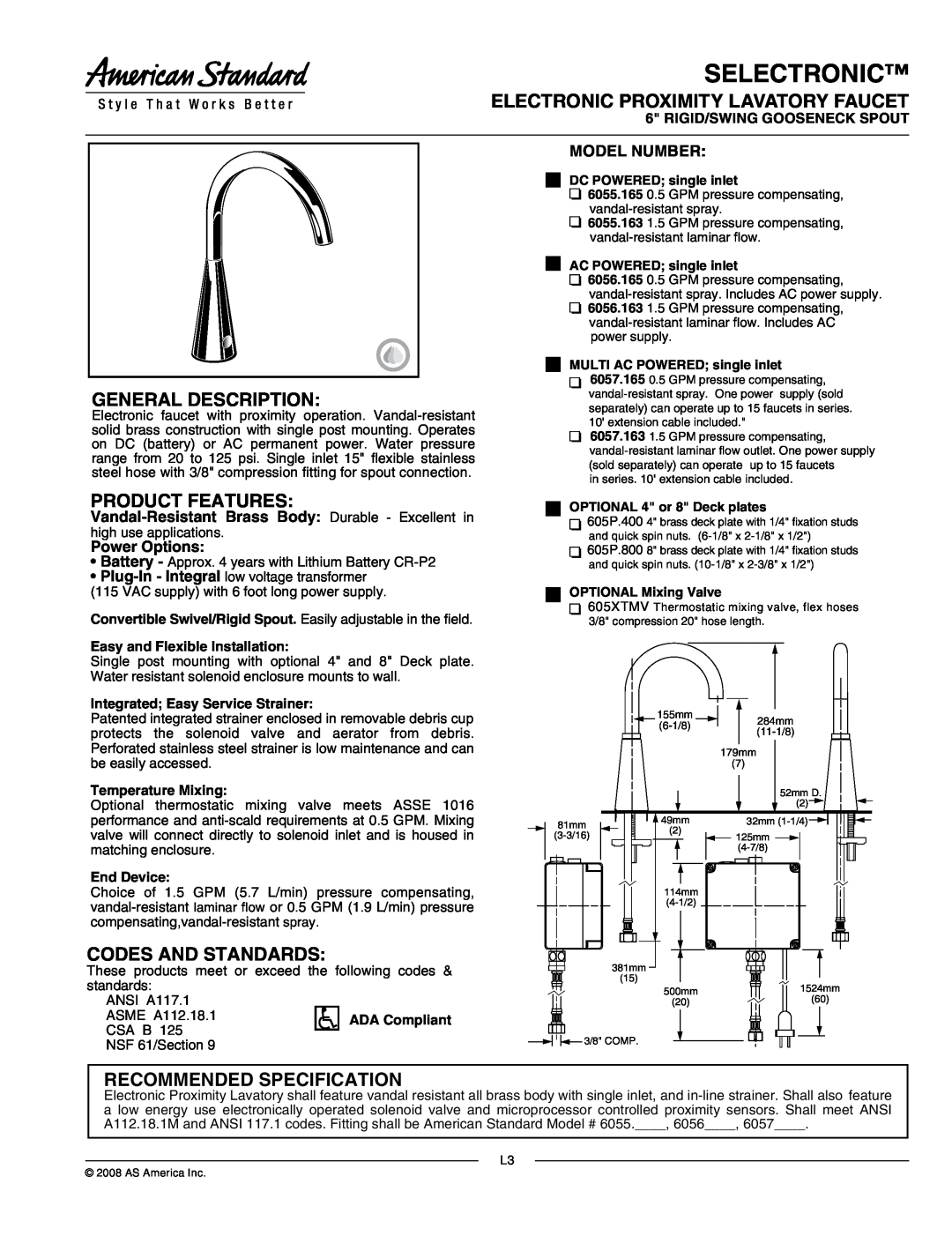 American Standard 6056.163 manual Selectronic, Electronic Proximity Lavatory Faucet, General Description, Product Features 