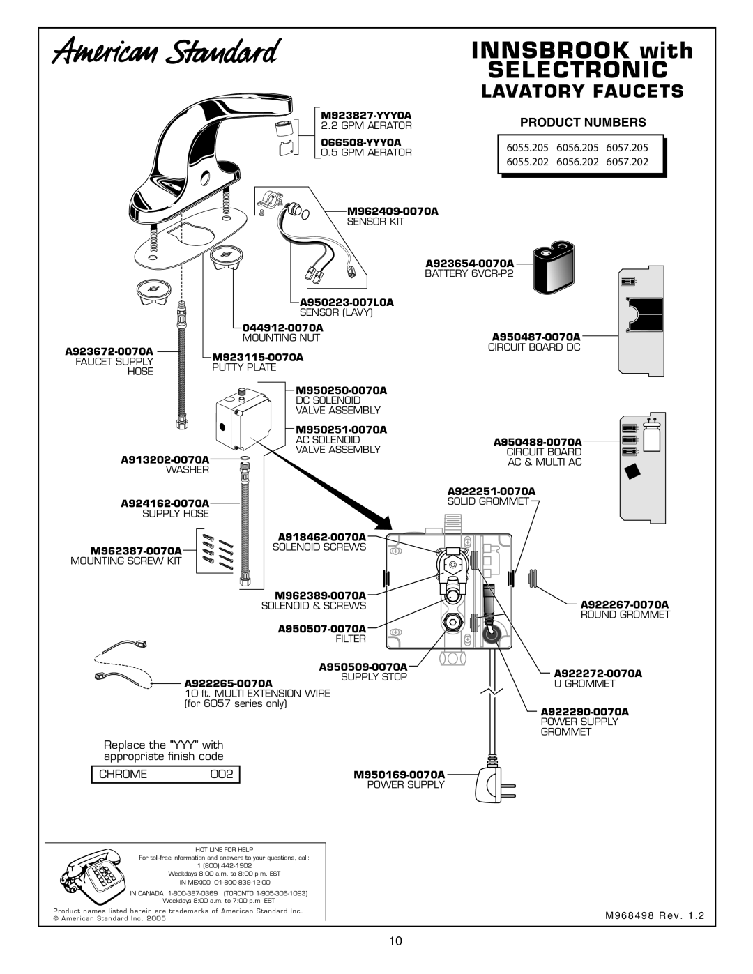 American Standard 6056.205, 6056.202, 6057.205, 6057.202 manual Selectronic, Lavatory Faucets, Product Numbers, Chrome 