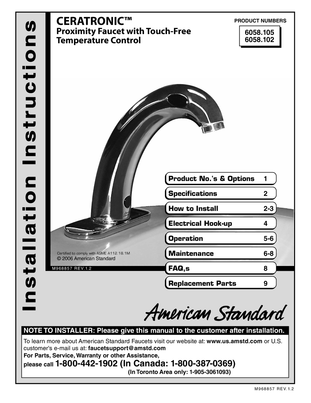 American Standard 6058.102, 6058.105 installation instructions Installation Instructions 