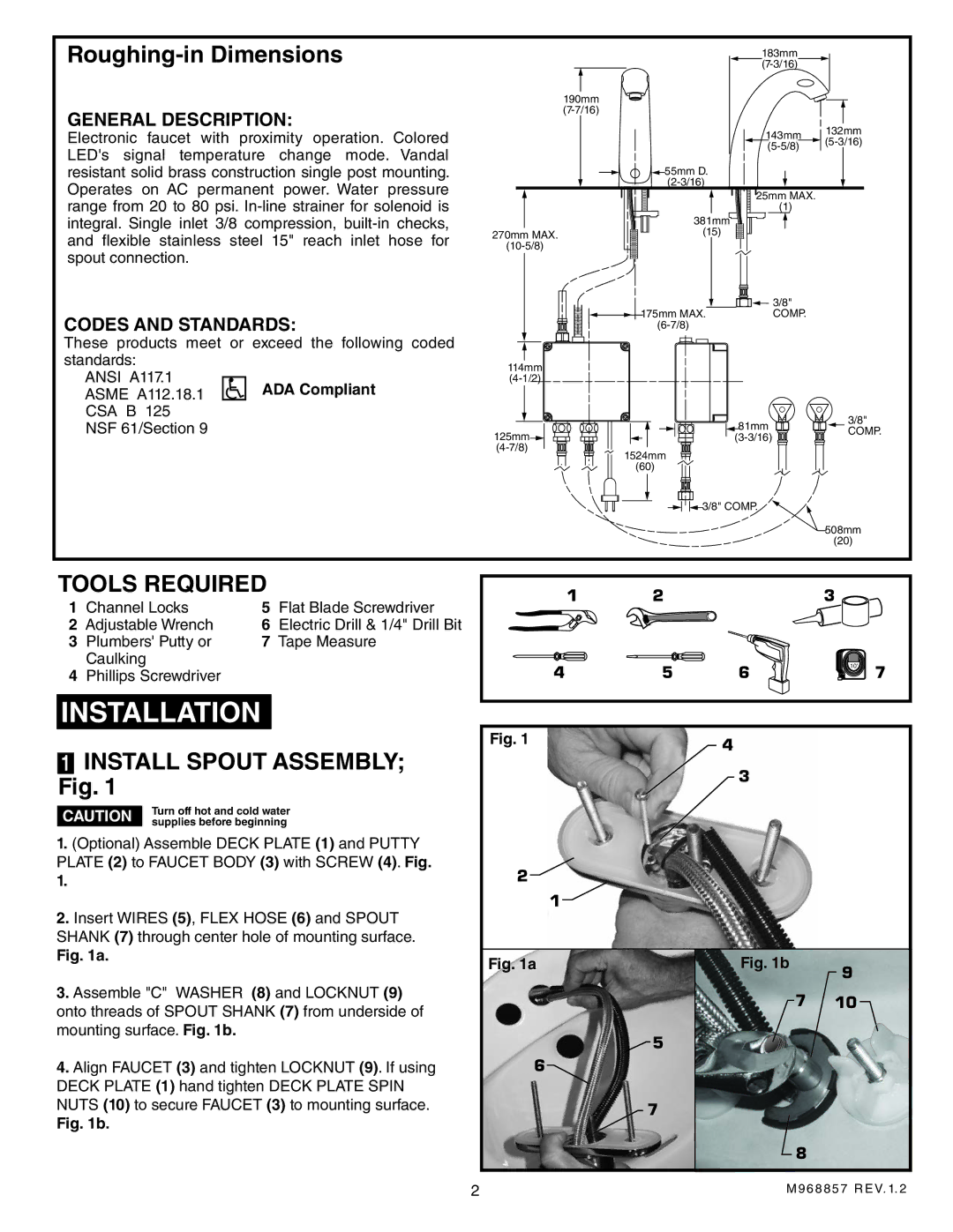 American Standard 6058.105, 6058.102 Installation, Roughing-in Dimensions, Install Spout Assembly Fig 