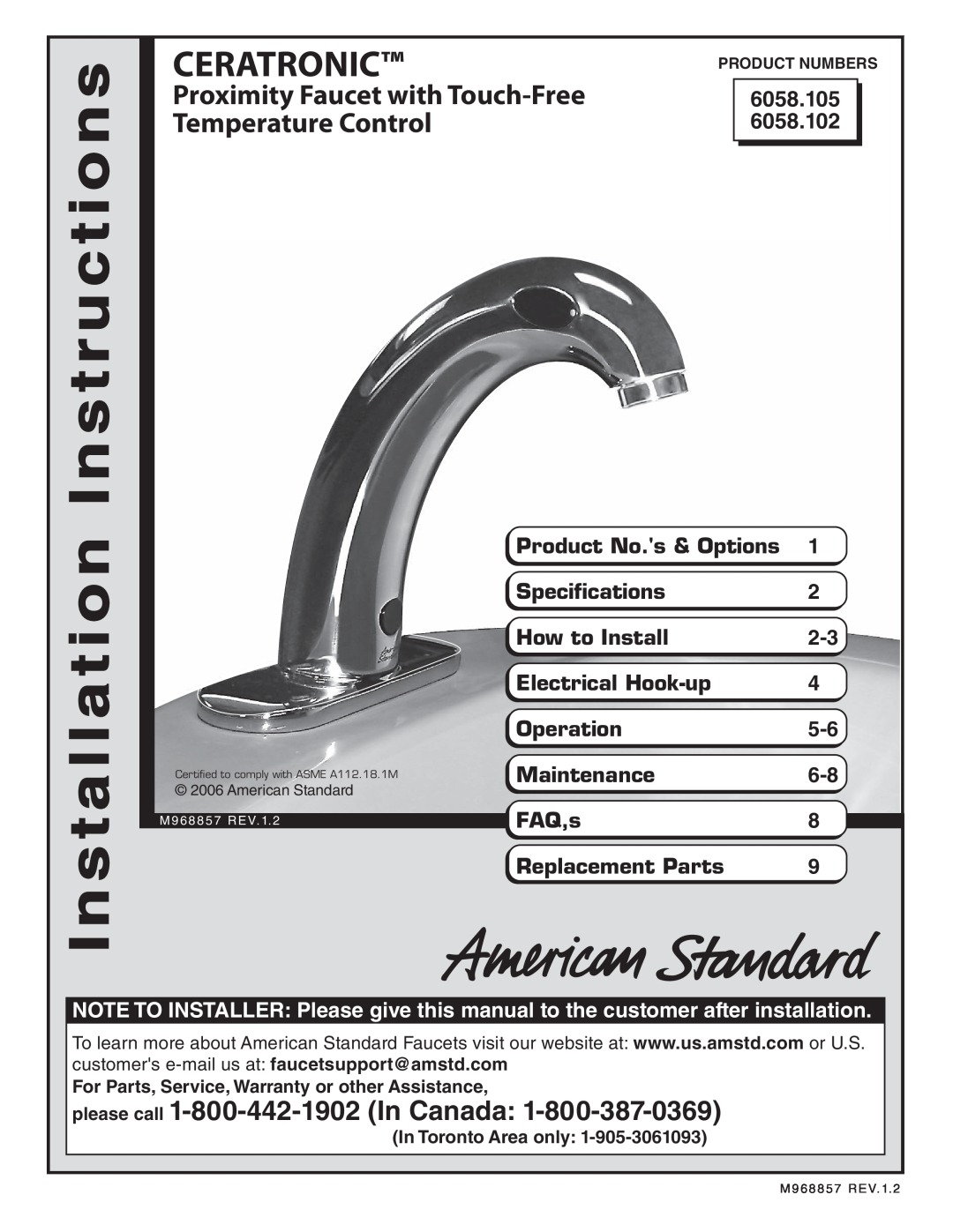 American Standard 6058.102 installation instructions Proximity Faucet with Touch-Free, Temperature Control, 6058.105 