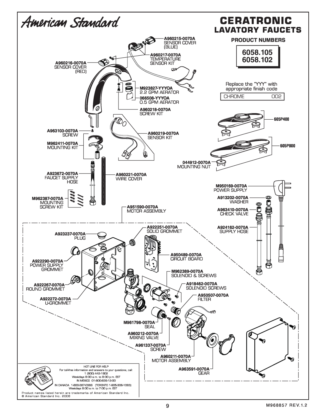 American Standard 6058.102 installation instructions Ceratronic, Lavatory Faucets, 6058.105 
