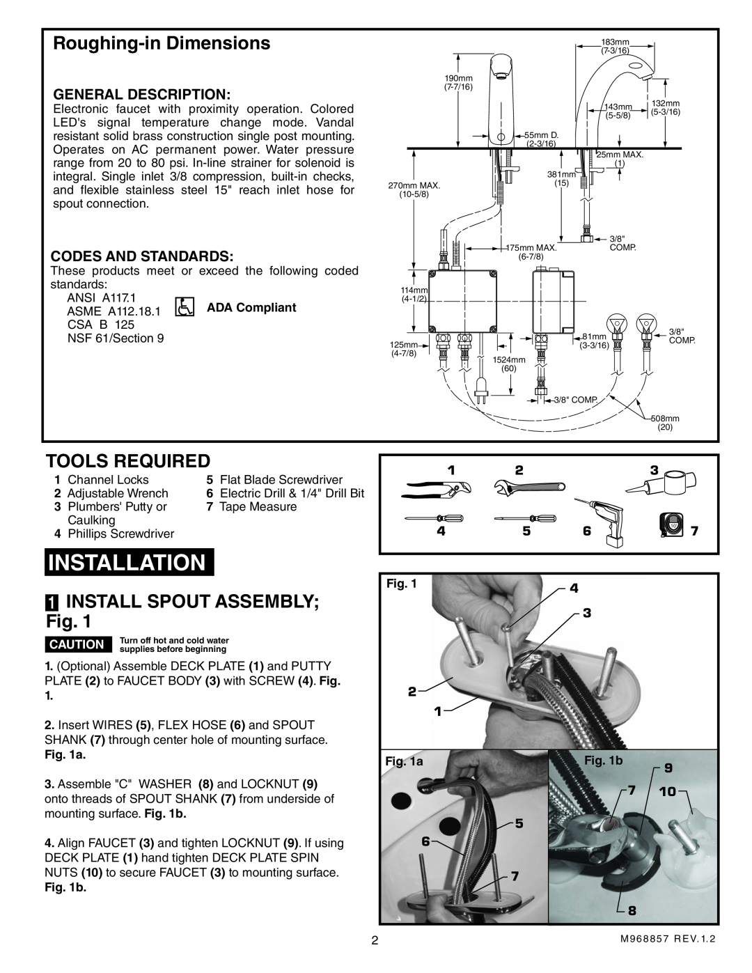 American Standard 6058.105, 6058.102 Installation, Roughing-inDimensions, Tools Required, 1INSTALL SPOUT ASSEMBLY Fig 