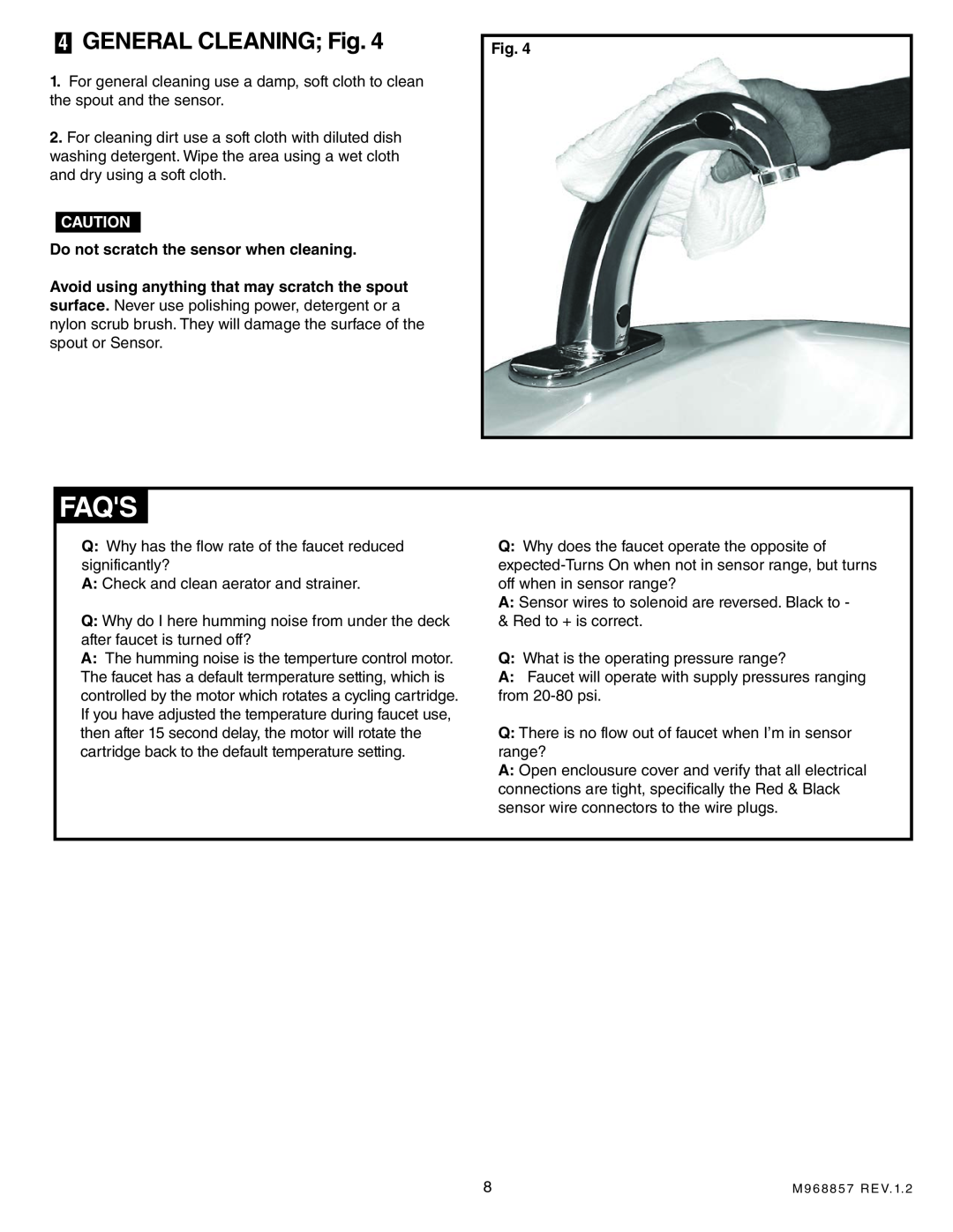 American Standard 6058.105, 6058.102 installation instructions Faqs, 4GENERAL CLEANING Fig 