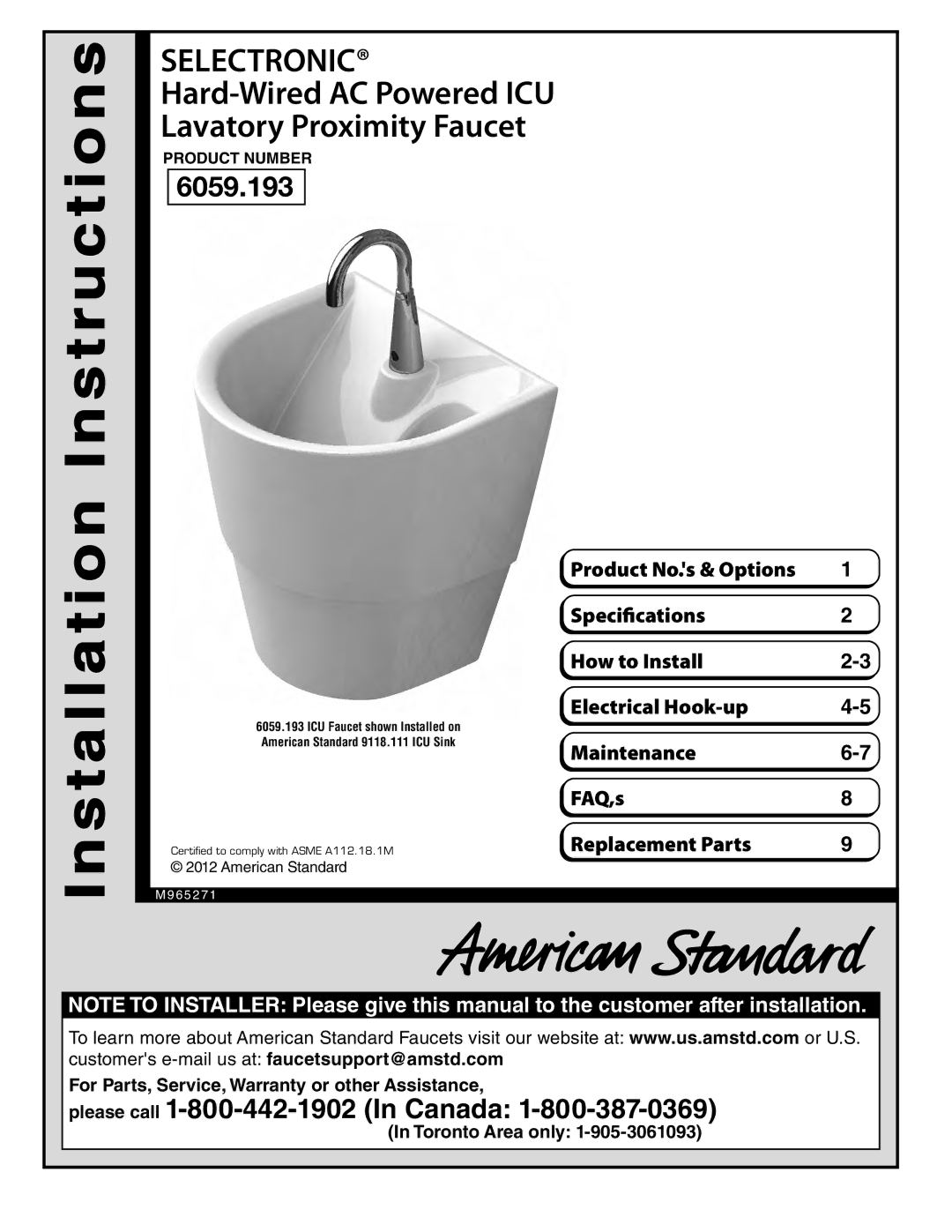 American Standard 6059.193 installation instructions Installation Instructions 